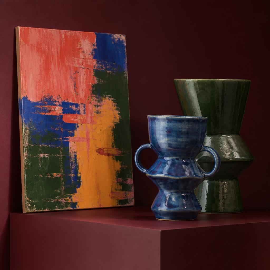 Abstract painting and sculptural ceramic pieces