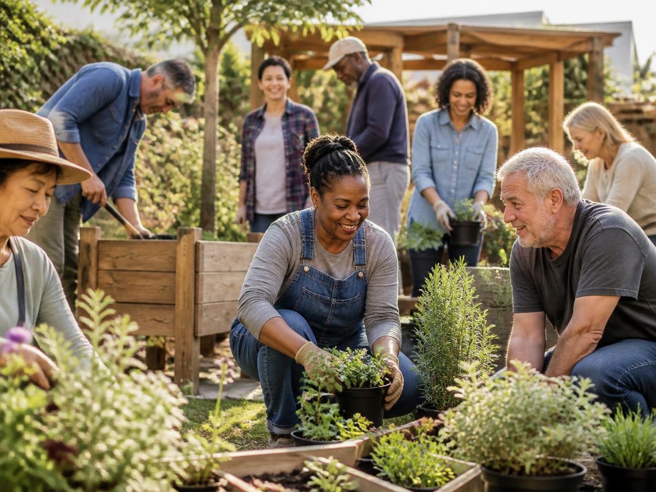 Adults tending a shared community garden