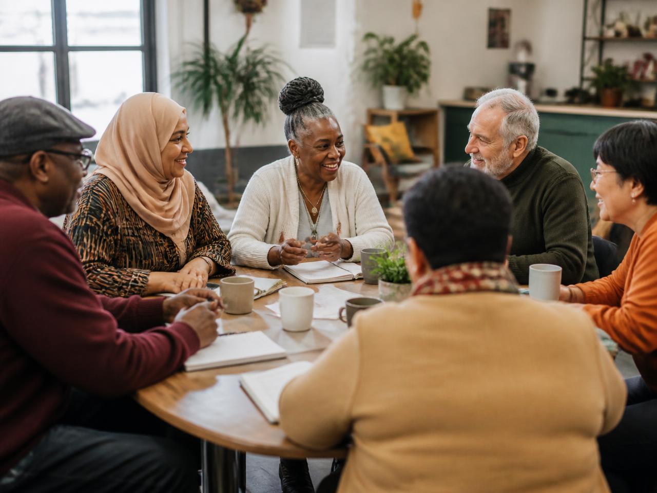 Adults planning activities around a shared table