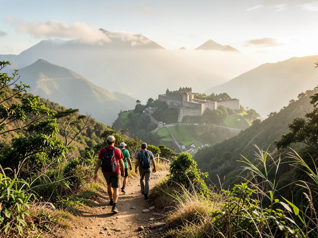 Hikers on a mountain trail toward a historic citadel