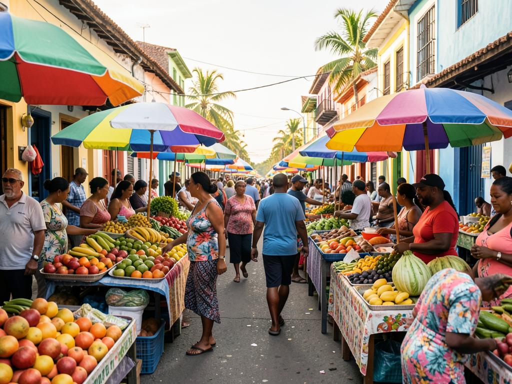 A busy Caribbean street market with colourful umbrellas