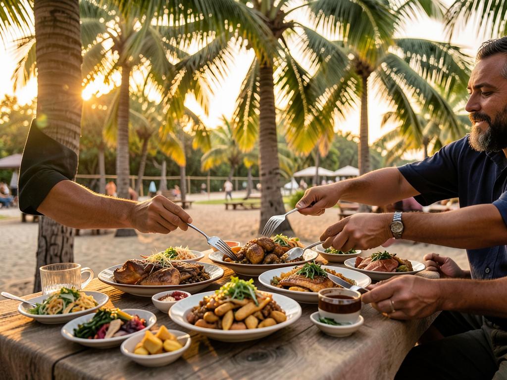 A shared Creole meal outdoors under palm trees