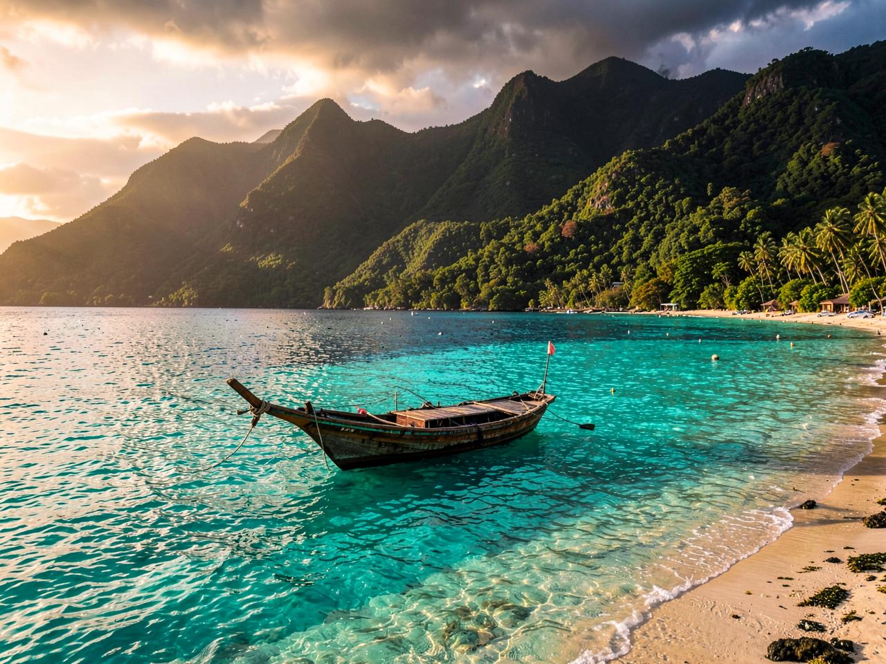 Turquoise Caribbean bay with a wooden boat and green mountains behind