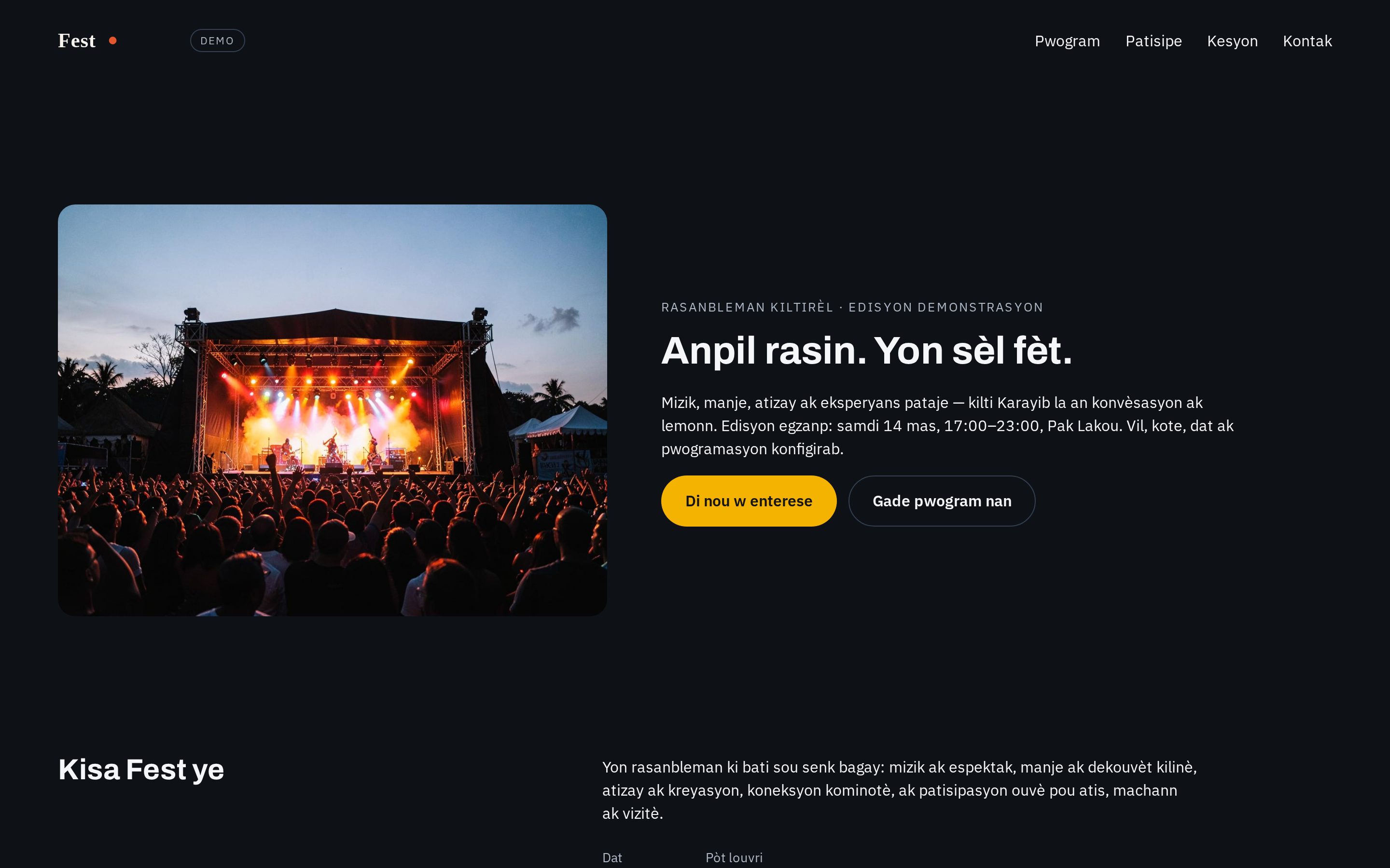 Apèsi premye ekran paj Fest lan