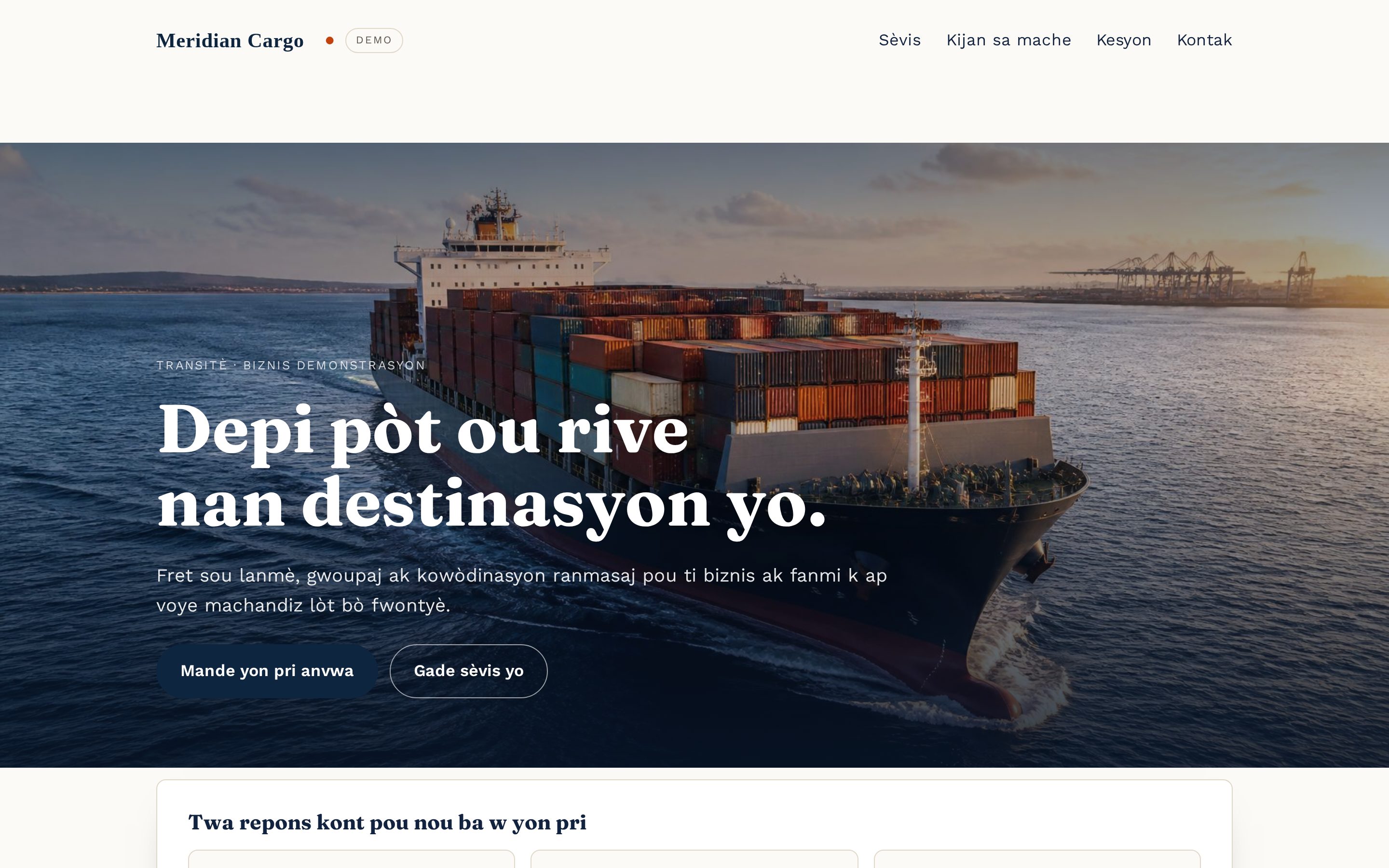 Apèsi premye ekran paj Meridian Cargo lan